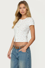 Odella Floral Ribbed Button Up Top