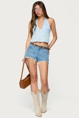 Floral Eyelet Backless Halter Top