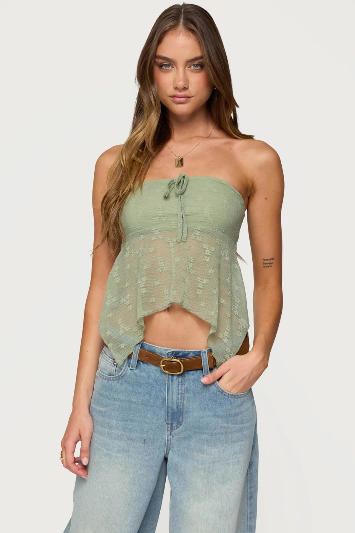 Embroidered Sheer Strapless Top