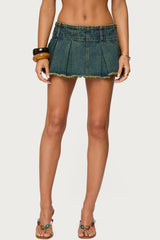 Frayed Pleated Denim Mini Skort