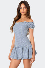 Gingham Off Shoulder Bubble Mini Dress