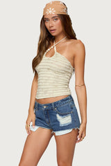 Criss Cross Bead Ruffled Halter Top