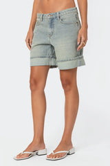 Cuffed Washed Denim Bermuda Shorts