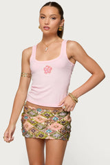 Steffy Beaded Flower Ribbed Top
