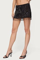 Sheer Sequin Bead Fringed Mini Skirt