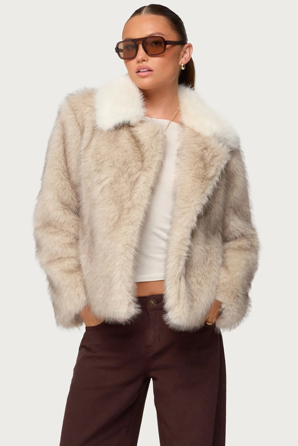 Contrast Collar Faux Fur Jacket