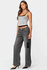 Contrast Pocket Washed Low Rise Baggy Jeans