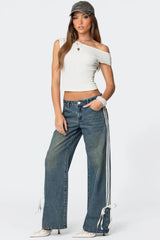 Ribbon Washed Low Rise Baggy Jeans