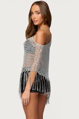 Evette Fringe Open Knit Metallic Poncho