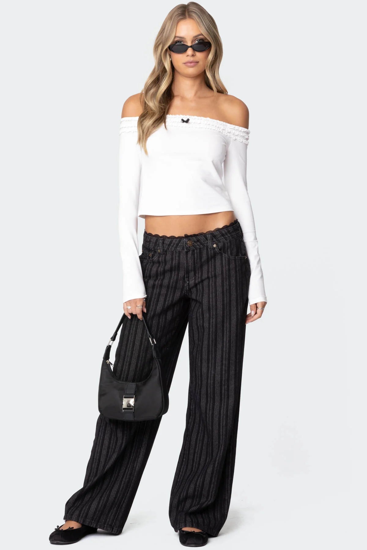 Lace Trim Striped Low Rise Baggy Jeans