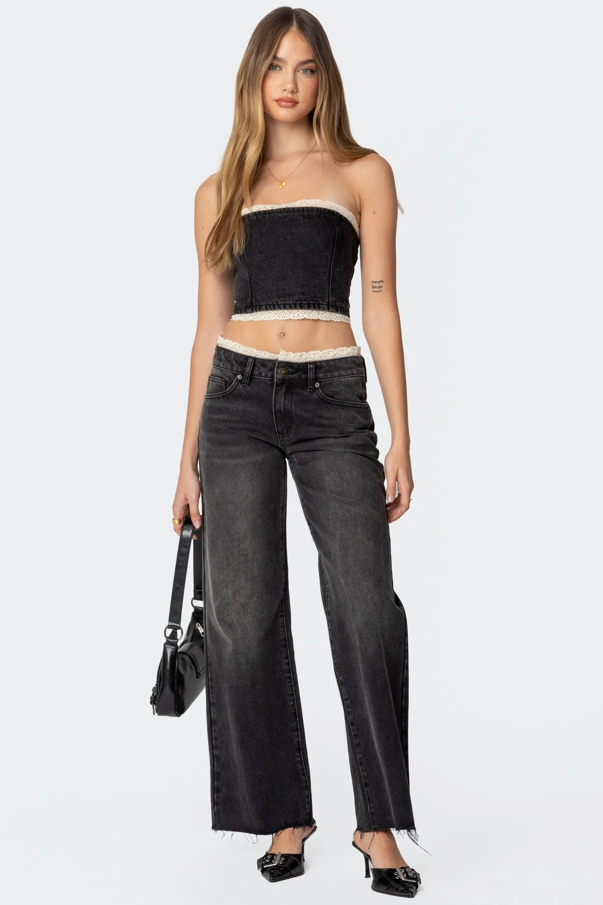 Karlie Peekaboo Lace Low Rise Baggy Jeans