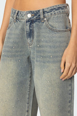 Rhinestone Washed Low Rise Baggy Jeans