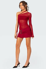 One Shoulder Sheer Mesh Mini Dress