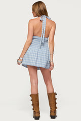 Plaid Smocked Halter Mini Dress