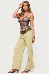 Embroidered Asymmetric Printed Mesh Top