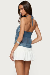 Beaded Floral Split Front Halter Top