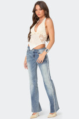 Frayed Seam Washed Low Rise Straight Leg Jeans