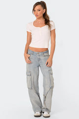 Via Washed Low Rise Baggy Cargo Jeans