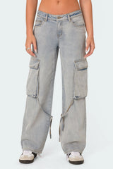 Via Washed Low Rise Baggy Cargo Jeans