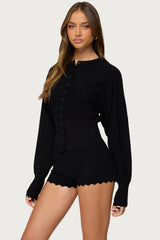 Maizy Puff Sleeve Scalloped Knit Cardigan