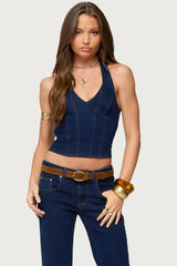 Jemima Contrast Stitch Denim Halter Top