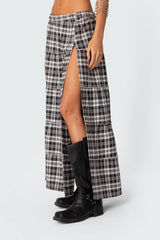 Plaid Side Slit Tiered Maxi Skirt