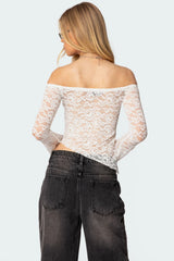 Asymmetric Sheer Lace Off Shoulder Top