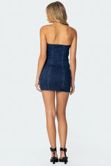 Ruched Strapless Denim Mini Dress
