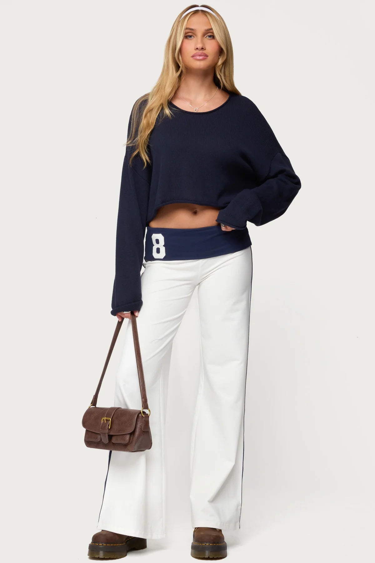 8 Contrast Fold Over Wide Leg Pants