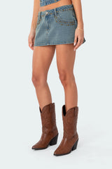 Studded Low Rise Washed Denim Mini Skirt