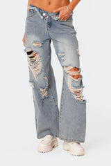 Distressed Fold Over Low Rise Wide Leg Jeans