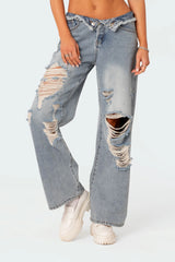 Distressed Fold Over Low Rise Wide Leg Jeans