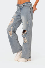 Distressed Fold Over Low Rise Wide Leg Jeans